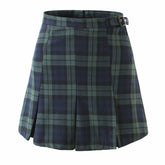 Karierter Print High Waist Schnalle Plissee Minirock - Smaragdgrün